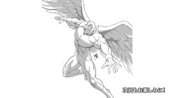 Rule 34 | !, 1boy, angel wings, flying, kinnikuman, looking at viewer, monochrome, monster boy, no humans, official art, pentagon (character), running, spring (object), translation request, wings, wrestling