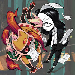 2girls absurdres angusburgers animal_hat aztec_glyphs black_hair cat_hat colored_skin coral coral_glasses dress ena:_dream_bbq floating_head glasses grey_skin hat highres holding holding_paper multiple_girls necktie paper red_hair taski_maiden_(ena) white_necktie white_skin yellow_dress yellow_hat