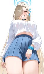 Rule 34 | 1girl, absurdres, alternate costume, asuna (blue archive), black choker, blue archive, blue eyes, blue halo, blue ribbon, blue scrunchie, blue skirt, breasts, brown hair, choker, hair over one eye, hair ribbon, halo, highres, kono (xerondan321), large breasts, long hair, long sleeves, midriff, pleated skirt, ribbon, scrunchie, shirt, simple background, skirt, smile, solo, thighs, very long hair, white background, white shirt, wrist scrunchie