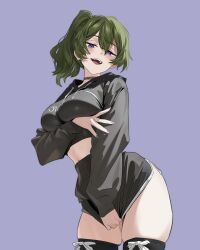 1girl absurdres choker green_hair highres jmx_(j_m_x) looking_at_viewer midriff miniskirt navel purple_eyes side_ponytail skirt smile sousou_no_frieren sweater tagme thighhighs ubel_(sousou_no_frieren)