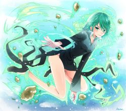 Rule 34 | 1girl, absurdres, artist name, black dress, dress, female focus, floating rock, full body, green eyes, green hair, highres, kana (251373), legs, long hair, matching hair/eyes, no panties, one-punch man, short hair, signature, smile, solo, tatsumaki, telekinesis