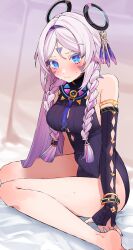 1girl absurdres bare_shoulders barefoot blue_eyes blush braid breasts citlali_(genshin_impact) detached_sleeves facial_mark genshin_impact highres long_hair looking_at_viewer low_twin_braids medium_breasts momifa2 multicolored_hair pink_hair pink_pupils purple_hair purple_nails sitting solo streaked_hair sweat twin_braids very_long_hair wariza