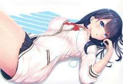 Rule 34 | 1girl, absurdres, black hair, blue eyes, blush, breasts, gridman (character), gridman universe, haru (hottikisu25), highres, large breasts, long hair, looking at viewer, lying, necktie, on back, skirt, ssss.gridman, takarada rikka