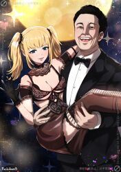1boy 1girl :d ani_(xai) artist_name black_bow black_bowtie black_bra black_dress black_gloves black_hair black_jacket black_pants black_skirt black_thighhighs blonde_hair blue_eyes blush bow bowtie bra breasts carrying cleavage commentary_request dress elon_musk fishnet_thighhighs fishnets gloves hair_tie highres jacket lingerie long_hair looking_at_viewer lower_teeth_only medium_hair open_mouth pants princess_carry puchikun real_life shirt short_hair sidelocks skirt smile teeth thighhighs tuxedo twintails twitter underwear upper_teeth_only very_short_hair watermark white_shirt