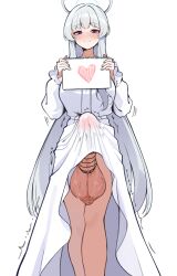 Rule 34 | 1futa, absurdres, bar censor, blue archive, blush, breasts, bulge, censored, closed mouth, dress, erection, erection under clothes, feet out of frame, futanari, grey hair, halo, heart, highres, huge penis, huge testicles, large breasts, long hair, long sleeves, looking at viewer, noa (blue archive), noa (pajamas) (blue archive), penis, penis peek, purple eyes, shujiko, simple background, smile, solo, standing, testicles, very long hair, white background, white dress, white halo