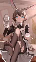 1girl absurdres amiya_(arknights) animal_ear_fluff animal_ears apron arknights black_dress black_pantyhose blue_eyes chinese_commentary closed_mouth clothes_lift collared_dress commentary_request crossed_legs double-parted_bangs dress dress_lift dutch_angle foot_out_of_frame foot_up hand_up highres holding holding_shoes holding_unworn_clothes indoors lifting_own_clothes long_sleeves looking_at_viewer maid maid_apron pantyhose rabbit_ears shenmi_de_xigua shoes sitting smile smug sneakers solo torn_clothes torn_pantyhose unworn_shoes variant_set white_apron white_shoes wing_collar zipper_pull_tab