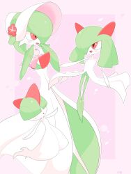 Rule 34 | bob cut, bonnet, bowl cut, colored skin, dress, evolutionary line, flower, gardevoir, gardevoir (fashionable), gen 3 pokemon, green hair, green skin, hair over eyes, hair over one eye, hat, hat flower, highres, horns, inb795, kirlia, multicolored skin, nintendo, pink background, pink eyes, pokemon, pokemon (creature), pokemon unite, ralts, sidelocks, simple background, two-tone skin, white dress, white skin