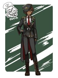 1girl alternate_costume belt black_gloves black_hat black_jacket black_pants boots border brown_eyes brown_hair brown_shoes character_name closed_mouth coattails collared_shirt dark-skinned_female dark_skin earrings full_body gloves gold_trim green_background hat highres jacket jewelry limbus_company long_sleeves looking_at_viewer necktie nra_3614 one_eye_closed outis_(project_moon) pants project_moon red_necktie shirt shoes short_hair simple_background solo standing white_border white_shirt