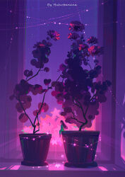 1girl artist_name black_hair dress english_text flower flower_pot from_side glowing green_dress highres huhv. indoors leaf long_hair original plant potted_plant purple_theme scenery shadow sitting solo star_(sky) star_(symbol) vines wide_shot window