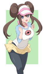 Rule 34 | :d, black pantyhose, blue eyes, breasts, brown hair, double bun, green background, hair between eyes, hair bun, highres, izuna masaru, large breasts, leaning forward, long hair, looking at viewer, nintendo, open mouth, pantyhose, poke ball print, pokemon, pokemon bw2, raglan sleeves, rosa (pokemon), short shorts, shorts, sidelocks, smile, standing, twintails, two-tone background, visor cap, white background, yellow shorts