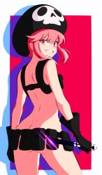 1girl ass back belt belt_pouch black_gloves blizzard_(b1iz4rd) butt_crack chest_harness commentary dimples_of_venus from_behind gloves gluteal_fold harness hat highres holding holding_knife holster jakuzure_nonon kill_la_kill knife looking_at_viewer looking_back naked_belt nudist_beach_uniform pink_eyes pink_hair pouch short_hair shoulder_holster sidelocks skull_print smile solo sparkle teeth utility_belt weapon