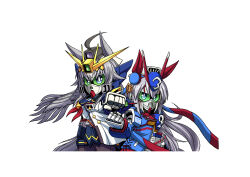 Rule 34 | 2girls, animal ears, armor, blue eyes, colored sclera, crossbone gundam, faceplate, green sclera, grey hair, gundam, gundam wing: endless waltz, hairband, horse ears, jacket, long hair, mayohineko (mdhs8358), mecha musume, multiple girls, oguri cap (umamusume), parody, pauldrons, scarf, sd gundam, sd sengokuden, shoulder armor, style parody, tamamo cross (umamusume), umamusume, very long hair, white background