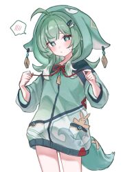 Rule 34 | 1girl, ahoge, alternate costume, animal ears, bandaid on tail, character hood, cowboy shot, enunu 7e, fox ears, fox girl, fox tail, green eyes, green hair, green hoodie, highres, holding, holding ribbon, honkai: star rail, honkai (series), hood, hood up, hoodie, huohuo (honkai: star rail), long hair, long sleeves, looking at viewer, paper doll, parted lips, paw-shaped pupils, ribbon, simple background, solo, spoken blush, standing, sweatdrop, symbol-shaped pupils, tail, tail (honkai: star rail), white background, yin yang hair ornament