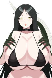 1girl absurdres bikini black_bikini black_hair breasts cleavage heart heart-shaped_pupils highres huge_breasts lizard_tail long_hair looking_at_viewer monster_girl open_mouth reptile_girl reptilia_queen scales scp-682_female scp_foundation solo swimsuit symbol-shaped_pupils tail tongue tongue_out white_background yellow_eyes