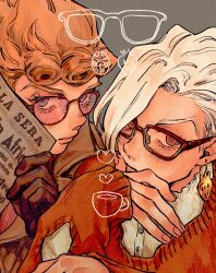 Rule 34 | 2boys, absurdres, asymmetrical bangs, blonde hair, brown coat, brown gloves, bug, coat, collared coat, curtained hair, earrings, film grain, food-themed earrings, food themed earrings, giorno giovanna, gloves, grey background, grey eyes, hand on own chin, highres, holding, holding newspaper, insect, jewelry, jojo no kimyou na bouken, ladybug, looking at viewer, male focus, multiple boys, newspaper, okokoro zaiku, pannacotta fugo, red-framed eyewear, red eyes, red sweater, sleeves past wrists, strawberry earrings, sweater, vento aureo, victory rolls, yaoi
