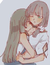 2girls arm_cutout assault_lily black_choker black_hair black_skirt blush bra bra_peek breasts brown_eyes brown_hair choker cleavage closed_mouth clothes_lift collarbone commentary green_eyes grey_background grey_bra hair_ornament hair_over_shoulder hand_under_clothes hand_under_shirt heads_together high-waist_skirt highres kuo_shenlin lace lace-trimmed_bra lace_trim lifting_another&#039;s_clothes long_hair looking_at_another medium_breasts multiple_girls navel off_shoulder parted_lips rui_rui_rui0122 school_uniform scrunchie shirt shirt_lift simple_background skirt sleeveless sleeveless_shirt suspender_skirt suspenders sweat underwear upper_body wang_yujia white_scrunchie white_shirt yuri yurigaoka_girls_academy_school_uniform
