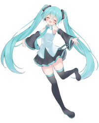 Rule 34 | 1girl, :d, absurdres, aqua hair, aqua necktie, aqua trim, bare shoulders, black shoes, black sleeves, black thighhighs, blush, boots, closed eyes, collared shirt, commentary, detached sleeves, facing viewer, full body, hair between eyes, hair ornament, hair tie, happy, hatsune miku, headset, highres, long hair, necktie, number tattoo, open mouth, outstretched arms, ryaru ryaru, shirt, shoes, skirt, smile, solo, spread arms, tattoo, thigh boots, thighhighs, twintails, very long hair, vocaloid, white shirt, zettai ryouiki