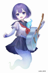 Rule 34 | 1girl, :d, acoustic guitar, blue fire, blue sailor collar, blue skirt, colored inner hair, commentary request, earrings, fire, floating, ghost girl, ghost tail, guitar, hands up, highres, holding, holding guitar, holding instrument, holding plectrum, indie utaite, instrument, jewelry, konkon tamashii, looking at viewer, multicolored hair, multiple earrings, open mouth, pink hair, plectrum, purple eyes, purple hair, sailor collar, school uniform, serafuku, sg (under siiiiii), shirt, short sleeves, simple background, skirt, smile, solo, torn clothes, twitter username, white background, white shirt