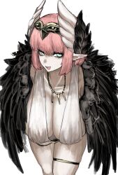 1girl aqua_eyes bird_wings black_wings bob_cut breasts circe_(fate) cleavage collarbone fate/grand_order fate_(series) hanging_breasts head_wings highres huge_breasts jewelry leaning_forward looking_at_viewer maabo_harusame medium_hair multicolored_eyes necklace open_mouth pale_skin pink_eyes pink_hair pointy_ears shirt simple_background smile solo thigh_strap thighs tiara two-tone_eyes white_background white_shirt white_wings wings
