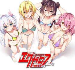 4girls :3 :d ;d ahoge armpits arms_behind_back arms_behind_head arms_up bare_shoulders barefoot bikini blonde_hair blue_bikini blue_eyes blush braid breasts brown_eyes brown_hair cleavage closed_mouth collarbone commentary_request dokyuu_hentai_hxeros double_bun earrings eyes_visible_through_hair fang fingernails from_above full_body gradient_eyes green_bikini grin groin hair_between_eyes hair_bun hair_ornament hair_over_one_eye hair_ribbon hairclip hands_on_own_head hands_up hoshino_kirara jewelry large_breasts legs logo long_hair looking_at_viewer looking_up medium_breasts momozono_momoka multicolored_eyes multiple_girls navel necklace official_art one_eye_closed open_hands open_mouth orange_hair pink_hair pink_ribbon purple_bikini ribbon ryouma_(galley) shirayuki_maihime side_braid sidelocks simple_background small_breasts smile sofmap_background standing step_and_repeat stomach stud_earrings swimsuit take_your_pick teeth tenkuuji_sora thigh_gap thighs twin_braids twintails very_long_hair white_background yellow_eyes