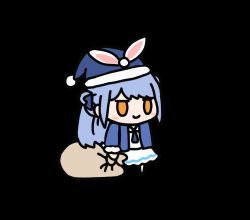 1girl animated animated_gif bag blue_hair blue_hat blue_jacket blue_ribbon chibi chinese_commentary commentary dress english_commentary full_body fur-trimmed_headwear fur_trim fuwafuwa_35 hat holding holding_bag holding_sack hololive jacket jitome looping_animation meme mixed-language_commentary neck_ribbon official_alternate_costume open_clothes open_jacket orange_eyes padoru_(meme) ribbon sack santa_hat smile solo standing transparent_background usada_pekora usada_pekora_(casual) virtual_youtuber white_dress