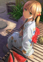 1girl :3 arm_at_side arm_support blonde_hair blush bucket chinese_lantern_(plant) clog_sandals closed_mouth commentary_request fence fireworks floral_print flower food from_above fruit full_body geta grass hair_bobbles hair_ornament hand_fan holding holding_fan japanese_clothes kayari_buta kimono long_hair long_sleeves looking_at_viewer looking_up morning_glory morning_glory_print nail_polish obi original outdoors paper_fan pink_lips pink_nails platform_footwear platform_sandals porch revision sandals sash senkou_hanabi shade shoes side_ponytail single_shoe sitting smile smoke solo sparkler stone summer tray uchiwa unworn_shoes veranda watermelon wide_sleeves yellow_eyes yoropa yukata zouri