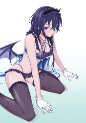 1girl absurdres black_bra black_panties bra breasts chest_harness cleavage double-parted_bangs frilled_bra frills gloves gradient_background gradient_hair hair_between_eyes hairband harness heart heart_o-ring highres ichinose_uruha ichinose_uruha_(birthday_2023) lingerie lolita_hairband long_hair looking_at_viewer low_wings lupinus_virtual_games microskirt multicolored_hair o-ring o-ring_harness panties purple_eyes simple_background sitting skirt small_horns solo striped_bra striped_clothes thighhighs underwear uwanosora000 virtual_youtuber vspo! wariza white_gloves wings