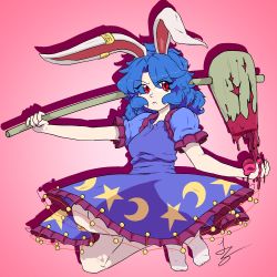 1girl ambiguous_red_liquid animal_ears beetsfoxxy bloomers blue_dress blue_hair commentary crescent dress earclip english_commentary engrish_commentary highres kine mallet moon_rabbit pink_background puffy_short_sleeves puffy_sleeves rabbit_ears red_eyes seiran_(touhou) short_sleeves star_(symbol) touhou underwear