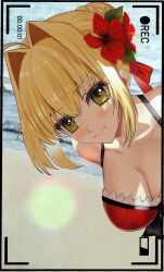 Rule 34 | 1girl, ahoge, bare shoulders, beach, blonde hair, blush, braid, breasts, cleavage, collarbone, dress swimsuit, fate/grand order, fate (series), flower, green eyes, hair between eyes, hair bun, hair flower, hair intakes, hair ornament, hair ribbon, highres, kabosoi mangaka, large breasts, long hair, looking at viewer, nero claudius (fate), nero claudius (modern costume of crimson) (fate), one-piece swimsuit, recording, red one-piece swimsuit, red ribbon, ribbon, shore, smile, solo, swimsuit, viewfinder