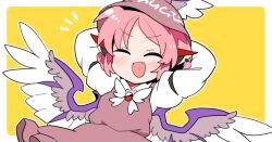 1girl :d ^_^ animal_ears arms_behind_head bird_ears bird_girl bird_wings blush border bow bowtie brown_dress brown_hat closed_eyes collared_shirt commentary dress earrings facing_viewer fang hat ini_(inunabe00) jewelry long_sleeves mystia_lorelei notice_lines open_mouth outline outside_border pink_hair shirt short_hair simple_background single_earring skin_fang sleeve_garter smile solo touhou upper_body white_border white_bow white_bowtie white_outline white_shirt winged_hat wings yellow_background
