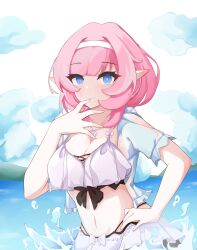 1girl absurdres bikini blue_eyes blue_jacket breasts cleavage dated_commentary elf elysia_(honkai_impact) elysia_(miss_pink_elf)_(honkai_impact) elysia_(summer_miss_elf)_(honkai_impact) hairband highres honkai_(series) honkai_impact_3rd jacket jewelry large_breasts navel necklace ocean official_alternate_costume partially_submerged pink_hair pointy_ears shell shell_necklace sky smile solo stomach swimsuit water white_bikini white_hairband yukina_(pixiv34240721)