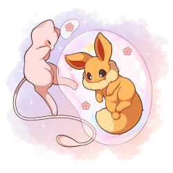 absurdres blush brown_eyes bubble closed_eyes eevee flower gen_1_pokemon highres legendary_pokemon mew_(pokemon) mythical_pokemon nintendo open_mouth pokemon pokemon_(creature) sevi_(seviyummy) tail