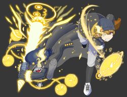 Rule 34 | absurdres, banchomamemon, banchou, baseball bat, baseball cap, baseball glove, brown hair, cape, delinquent, digimon, digimon (creature), energy, hat, highres, open mouth, sharp teeth, teeth