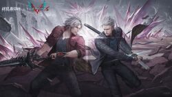 2boys black_coat blue_vest coat crossover dante_(devil_may_cry) devil_may_cry_(series) devil_may_cry_5 devil_sword_dante fighting_stance fingerless_gloves gloves hair_slicked_back highres holding holding_sword holding_weapon multiple_boys punishing:_gray_raven red_coat ruins sleeves_rolled_up sword vergil_(devil_may_cry) vest weapon white_hair yamato_(sword)