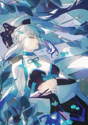 1girl absurdres av4399 black_bow blue_lips bow braid closed_eyes fate/grand_order fate_(series) hair_between_eyes hair_bow half_up_braid highres long_hair long_sleeves morgan_le_fay_(fate) morgan_le_fay_(first_ascension)_(fate) ponytail solo white_hair