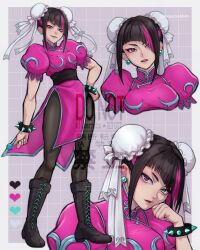 1girl arched_bangs artist_name black_boots black_hair blue_eyes boots border bracelet bun_cover candy capcom china_dress chinese_clothes chun-li chun-li_(cosplay) color_guide commentary_request cosplay double_bun dress food grey_background grid_background hair_bun han_juri hand_on_own_hip hepu2rabbits_(epuusa) heterochromia highres holding holding_candy holding_food holding_lollipop jewelry lace-up_boots lollipop looking_at_viewer multicolored_hair multiple_views outside_border pantyhose pink_eyes pink_hair pink_lips puffy_short_sleeves puffy_sleeves short_sleeves spiked_bracelet spikes standing streaked_hair street_fighter street_fighter_6 twitter_username two-tone_hair watermark white_border