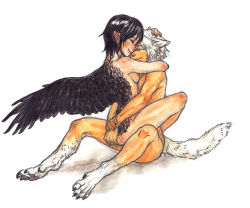 2girls animal_ears animal_hands bad_id bad_pixiv_id black_hair breasts claws closed_eyes feathers female_focus happy_sex hug implied_futanari inubashiri_momiji kobushi kobuushi leg_lock medium_breasts multiple_girls nude pointy_ears raven shameimaru_aya short_hair sideboob simple_background sitting smile straddling tail touhou traditional_media upright_straddle white_background white_hair wings wolf wolf_ears wolf_tail yuri
