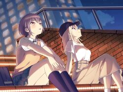 2girls bag bang_dream! bang_dream!_it&#039;s_mygo!!!!! baseball_cap black_hat black_socks blonde_hair blue_bag blush brown_eyes brown_skirt brown_sweater_vest collared_shirt dithering green_skirt grey_hair haneoka_school_uniform hat kneehighs medium_hair medium_skirt misumi_uika multiple_girls night official_art open_mouth outdoors plaid_clothes plaid_skirt pleated_skirt purple_eyes railing real_world_location school_bag school_uniform shirt shirt_tucked_in short_hair short_sleeves sitting skirt socks stairs sweater_vest takamatsu_tomori third-party_source tokyo_(city) toshima_(tokyo) white_shirt white_socks zipper_pull_tab
