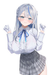 1girl :3 absurdres amagai_ruka ara1e blue_eyes blue_hair bra_visible_through_clothes braid breasts center-flap_bangs center_frills closed_mouth collared_shirt commentary cowboy_shot double-parted_bangs dress_shirt english_commentary frills gloves grey_hair half_gloves hands_up highres huge_breasts light_blush long_hair looking_at_viewer miniskirt multicolored_hair plaid_clothes plaid_skirt pleated_skirt shirt shirt_tucked_in side_braids simple_background skirt solo streaked_hair virtual_youtuber weather_planet white_background white_gloves white_shirt