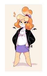 1girl :3 absurdres animal_crossing animal_ears barefoot bell black_eyes black_jacket blonde_hair blue_skirt blush brown_background closed_mouth commentary dog_ears dog_girl doom_(series) doom_eternal english_commentary full_body furry furry_female hair_bell hair_ornament highres isabelle_(animal_crossing) jacket jewelry jingle_bell lerimar looking_at_viewer nintendo shirt short_hair skirt smile solo t-shirt two-tone_background white_shirt