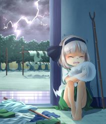 1girl ^^^ barefoot blunt_bangs bob_cut calcmis_gowa closed_eyes clothes clothesline cloud cloudy_sky green_skirt green_vest hair_ribbon highres indoors knees_up konpaku_youmu konpaku_youmu_(ghost) lightning_bolt_symbol night on_floor open_mouth panties pantyshot pole ribbon scared self_hug shadow shirt short_hair short_sleeves silver_hair sitting skirt sky solo tatami touhou tree trembling underwear veranda vest white_panties white_shirt