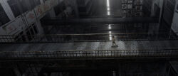 1girl bridge brown_hair building chinese_text commentary_request haru_akira original outdoors railing scenery shirt short_hair solo urban yellow_shirt