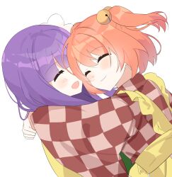 2girls bell blush chimi_(s2yuyukos2) flower hair_bell hair_flower hair_ornament hieda_no_akyuu highres hug motoori_kosuzu multiple_girls orange_hair purple_hair short_hair touhou yuri