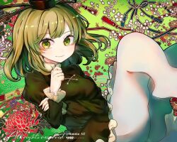 Rule 34 | 1girl, black hat, closed mouth, commentary, cross-laced clothes, dress, floral background, ghost tail, green background, green dress, green eyes, green hair, hat, itsumizu, juliet sleeves, long sleeves, looking at viewer, puffy sleeves, short hair, smile, soga no tojiko, solo, tate eboshi, touhou, twitter username