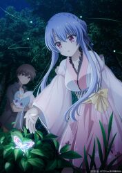 1boy 1girl absurdres black_shirt blue_butterfly blue_hair braid breasts brown_eyes brown_hair bug butterfly collarbone collared_shirt creature crown_braid feet_out_of_frame forest frilled_kimono frills from_below glowing_butterfly hair_bun highres holding holding_creature inari_(summer_pockets) insect japanese_clothes key_visual kimono leaning_forward long_hair long_sidelocks long_sleeves looking_at_animal looking_at_another looking_down medium_breasts nature night nontraditional_miko obi official_alternate_costume official_art open_clothes open_hand open_shirt outdoors parted_lips pink_kimono promotional_art reaching red_eyes sash shade shirt short_hair short_sleeves sidelocks single_hair_bun sorakado_ao standing summer_pockets t-shirt takahara_hairi tree two-tone_kimono waist_sash white_kimono white_shirt wide_sleeves yellow_sash