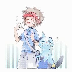 1boy bag blue_jacket bodysuit bodysuit_under_clothes brown_hair closed_eyes dewott fanning_self flying_sweatdrops gen_5_pokemon grey_shorts highres hot jacket male_focus nate_(pokemon) nintendo open_mouth pokemon pokemon_(creature) pokemon_bw2 short_hair shorts shoulder_bag tan_carbonnn tongue visor_cap