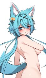 1girl 5danny1206 :t ahoge animal_ear_fluff animal_ears ass back bell blue_eyes blue_hair blue_tail blush breasts closed_mouth completely_nude covering_breasts covering_privates cowboy_shot fox_ears fox_girl fox_tail from_behind hair_bell hair_between_eyes hair_intakes hair_ornament highres large_breasts long_hair looking_at_viewer looking_back low_twintails medium_breasts nude pout rindo_(vrchat) simple_background solo tail twintails very_long_hair vrchat white_background