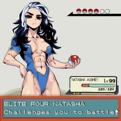 abs artist_request blue_hair breasts brown_eyes character_request cleavage clothing_cutout english_text fitness_(manga) hand_on_own_hip holding holding_poke_ball leotard multicolored_hair muscular muscular_female navel_cutout nintendo non-web_source poke_ball pokemon pokemon_battle pokemon_rse simple_background small_breasts source_request toned toned_female white_hair