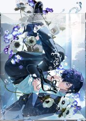 1boy absurdres ameinu black_pants blue_eyes blue_flower blue_hair bubble collared_shirt flower gekkoukan_high_school_uniform hair_over_one_eye headphones highres jacket long_sleeves male_focus neck_ribbon pants persona persona_3 ribbon school_uniform shirt short_hair solo submerged white_flower yuuki_makoto_(persona_3)