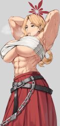 Rule 34 | 1girl, abs, akemi (blue archive), biceps, blue archive, breasts, chest sarashi, crossed belts, delinquent, fluffy hair, halo, highres, large breasts, long hair, mole, mole under eye, muscular, muscular female, navel, red halo, red skirt, sarashi, simple background, skirt, solo, soolee040995, sukeban
